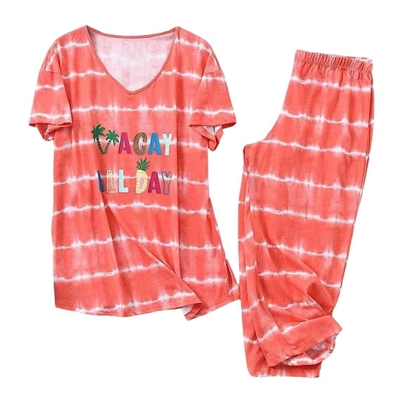 DHFJKG Pajamas For Women Set 2 Piece Loungewear Set Short Sleeve Tops And Capri Pants Soft Sleepwear Cartoon Print Lightweight Leisure Home Clothes