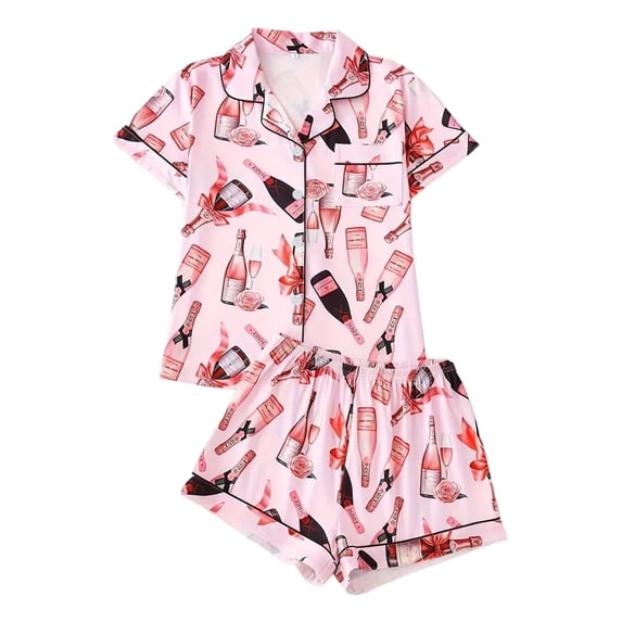 DHFJKG Pajamas For Women Set 2 Piece Short Sleeve Sleepwear Set Button Down Collared Shirt Shorts Soft Nightwear Leisure Home Clothes