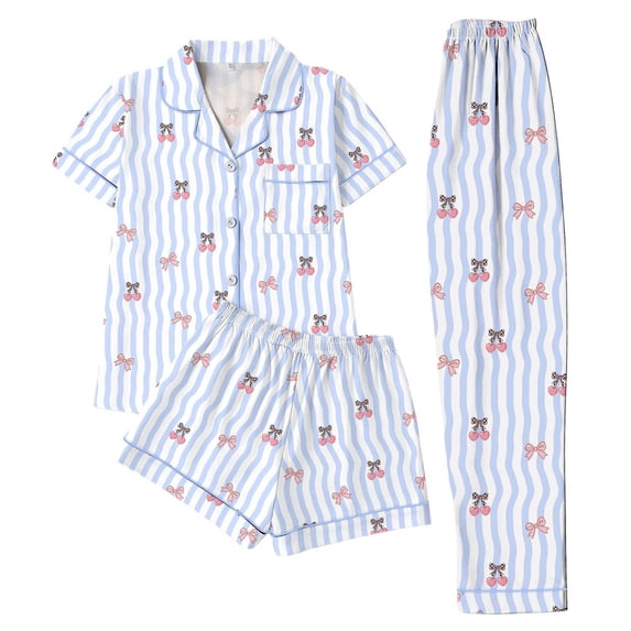 DHFJKG Pajamas For Women Set 3 Piece Sleepwear Cherry Printed Short Sleeve Button Down Shirts With Shorts And Long Pants Loungewear