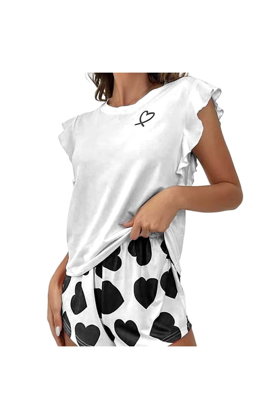 Pajamas For Women Set Ruffle Sleeveless Shorts Set Valentine's Day Heart Printed Soft Sleepwear 2 Piece Set Relaxed Fit Home Clothes