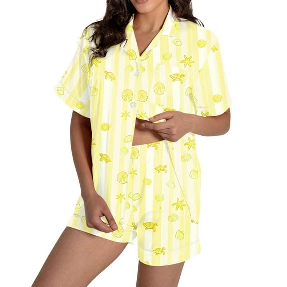 DHFJKG Pajamas For Women Set Two Piece Outfits Short Sleeve Sleepwear Printed Button Up Lapel Shirts Shorts Loungewear Set Cozy Home Clothes