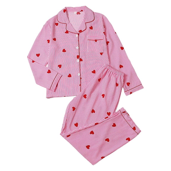 DHFJKG Pajamas For Women Set Long Sleeve Sleepwear Pants Set Heart Print Button Down Lapel Top Soft Comfort Nightwear 2 Piece Relaxed Fit Home Clothes