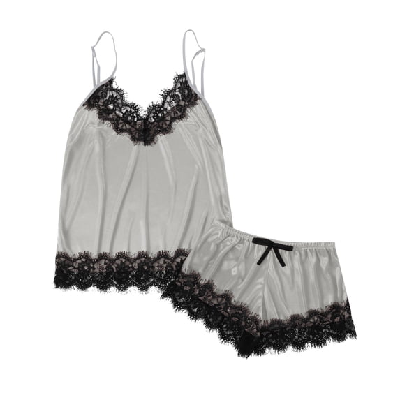 DHFJKG Pajamas For Women Set Silk Satin Patchwork Lace Spaghetti Strap Deep V Neck Cropped Top Elastic Waist Mini Shorts 2 Piece Loungewear Lightweight Classic Nightwear