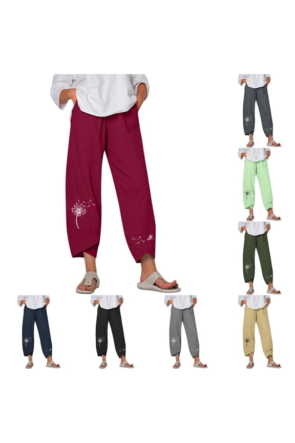 Palazzo Pants For Women Dandelion Flower Printed Casual Summer Lightweight Loose Fit Ankle Length Pants Versatile Trousers