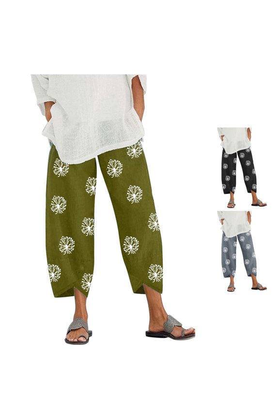 Pants For Women Tapered Hippie Palazzo Dandelion Flower Printed Casual Summer Lightweight Loose Fit Ankle Length Pants Stylish Trousers