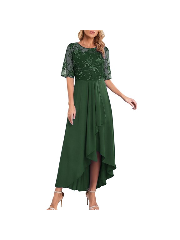 Party Dress Women Summer Chiffon Lace Floral High Low Dresses Half Sleeve Flowy A-Line Long Dress Stylish Dresses