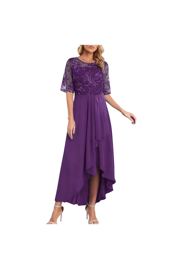 Party Dress Women Summer Chiffon Lace Floral High Low Dresses Half Sleeve Flowy A-Line Long Dress Trendy Dresses