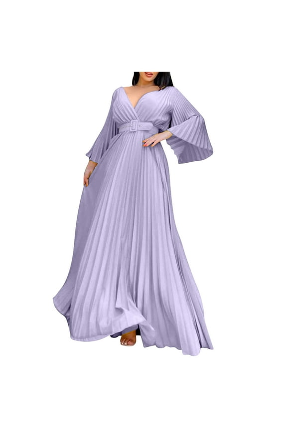 Party Dresses For Women Deep V Neck Pleated Evening Dress Flared Long Sleeve Belted Maxi Prom Ball Gown Formal Wear Stylish Dresses