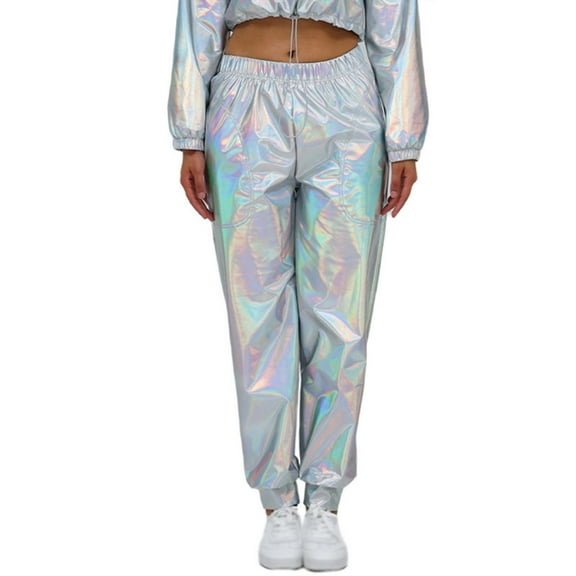 DHFJKG Performance Clothing Casual Pants For Women Wide Leg Sparkly Solid Color Elastic Waist Ankle-Tied Trousers Trendy Trousers