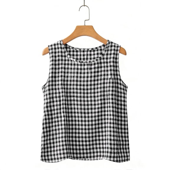DHFJKG Plaid Tank Top Women Sleeveless Crew Neck Casual Loose Fit Cami T-Shirts Comfortable Summer Tunic Stylish Tops
