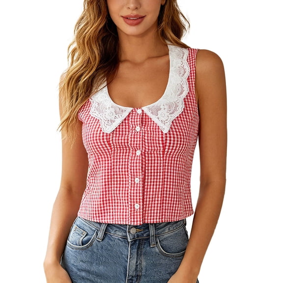 DHFJKG Plaid Tank Tops For Women Lace Trim Scoop Neck Button Front Casual Blouse Slim Fit Sleeveles Crop Top