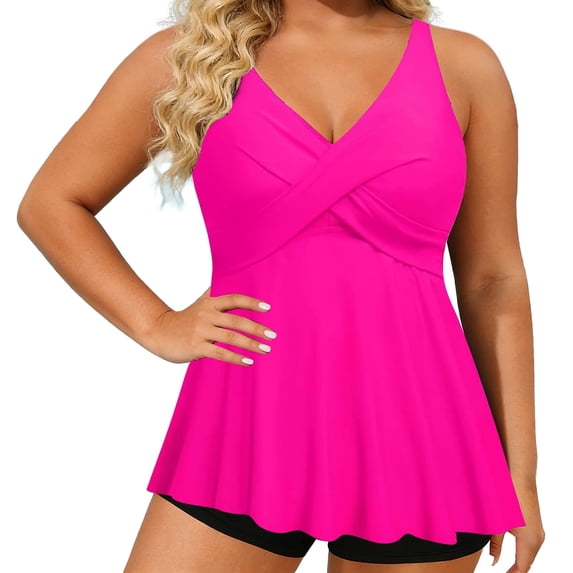 DHFJKG Plus Size Tankini Swimsuit Top For Women Adjustable Straps V Neck Flowy Bathing Suit 2026 Trendy Beachwear