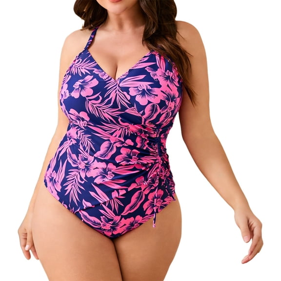DHFJKG Plus Size Womens One Piece Swimsuits Criss Cross Back Floral Print V Neck Bathing Suit High Cut Trendy Beachwear