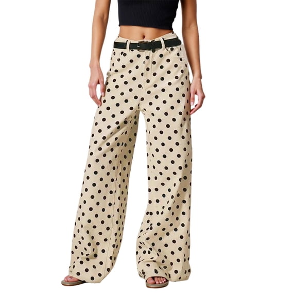 DHFJKG Polka Dot Jeans Womens Loose Fit Mid Rise Denim Trousers Wide Leg With Pockets Comfortable Trousers