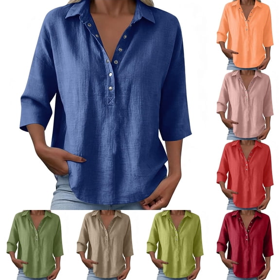 DHFJKG Polo Shirts For Women 3/4 Sleeve Turndown Collar Loose Fit Solid Color Basic Top Breathable Summer Comfy Tops