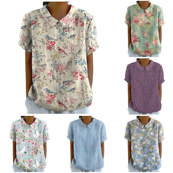 DHFJKG Polo Shirts For Women Boho Floral Printed Summer Short Sleeve Loose Fit Lapel Linen Shirts