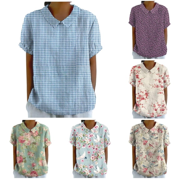 DHFJKG Polo Shirts For Women Boho Floral Printed Summer Short Sleeve Loose Fit Lapel Linen Shirts