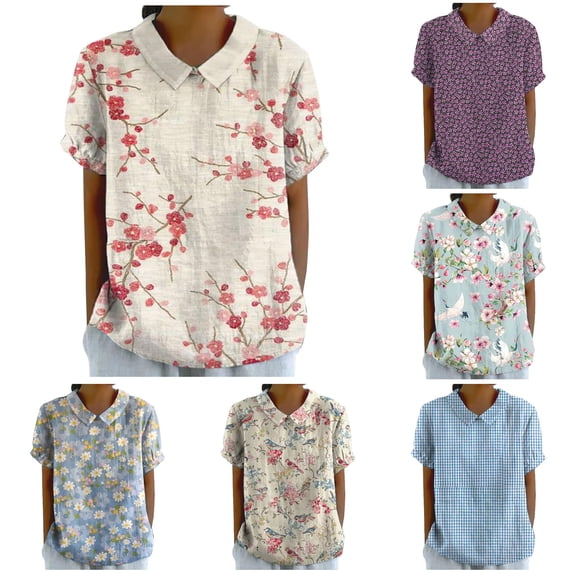DHFJKG Polo Shirts For Women Boho Floral Printed Summer Short Sleeve Loose Fit Lapel Linen Shirts