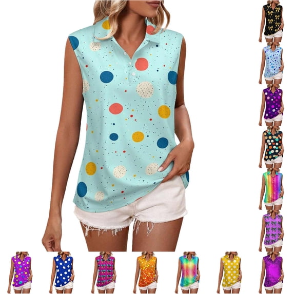 DHFJKG Polo Shirts For Women Polka Dot Sleeveless Turndown Collar Loose Fit Stretchy Soft Golf Tennis Shirts Trendy Tops