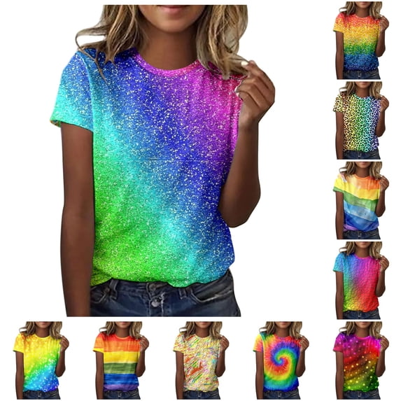 DHFJKG Pride Shirt For Womens Rainbow Printed T Shirts Short Sleeve Crew Neck Loose Fit Graphic Tee Soft Tops