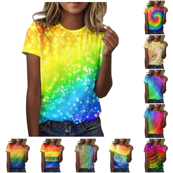 DHFJKG Pride Shirt For Womens Rainbow Printed T Shirts Short Sleeve Crew Neck Loose Fit Graphic Tee Trendy Tops