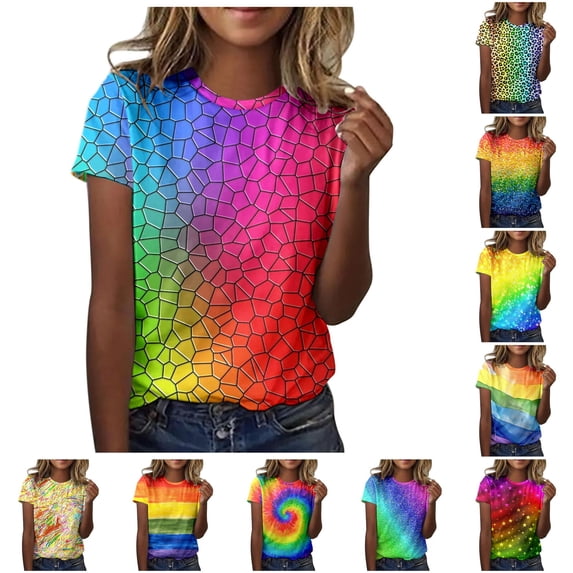 DHFJKG Pride Shirt For Womens Rainbow Printed T Shirts Short Sleeve Crew Neck Loose Fit Graphic Tee Trendy Tops