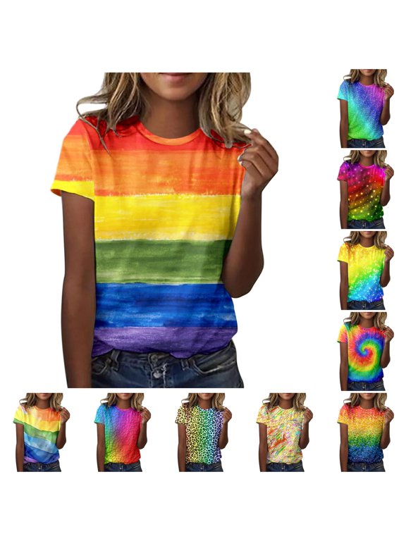 Pride Shirt For Womens Rainbow Printed T Shirts Short Sleeve Crew Neck Loose Fit Graphic Tee Versatile Tops