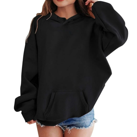 DHFJKG Pullover Girls Hoodies Sweatshirts Solid Color Casual Long Sleeve Round Neck Pocket Hooded Sweatshirt For Girls Stylish Athletic Wear And Active Soft Sweatshirts