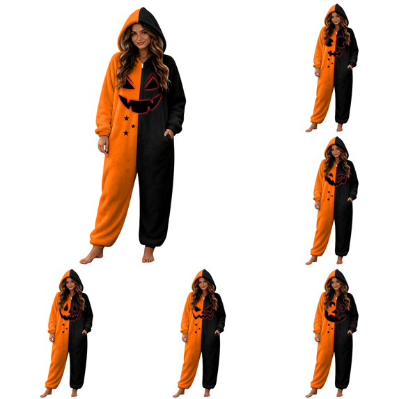 DHFJKG Pumpkin Onesie For Women Adult Halloween Pajamas Fuzzy Jumpsuit Long Sleeve Hooded Loungewear