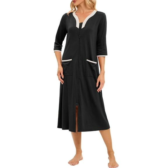 DHFJKG Pyjamas Women's Zipper Front Robe 3/4 Sleeve Housecoat Calf Length Casual Nightgown Loose Bathrobe With Pockets Cozy Homewear