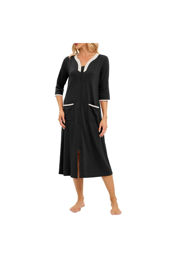 Pyjamas Women's Zipper Front Robe 3/4 Sleeve Housecoat Calf Length Casual Nightgown Loose Bathrobe With Pockets Cozy Homewear