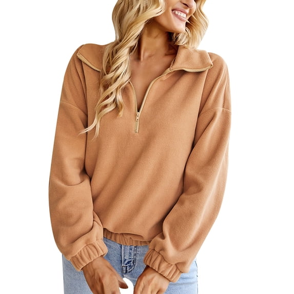 DHFJKG Quarter Zip Sweatshirts For Women Double-Sided Plush Solid Color Long Sleeve Collared Pullover Versatile Tops