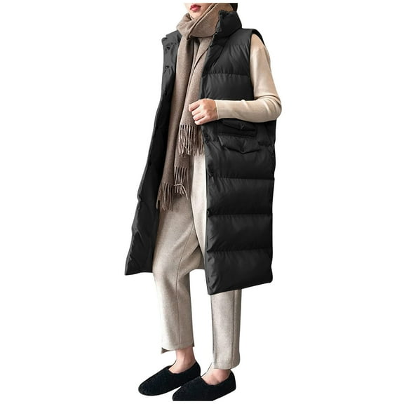 DHFJKG Quilted Padded Vest For Womens Sleeveless Snap Button Knee-Length Coat Jacket With Pockets Winter Versatile Outerwear