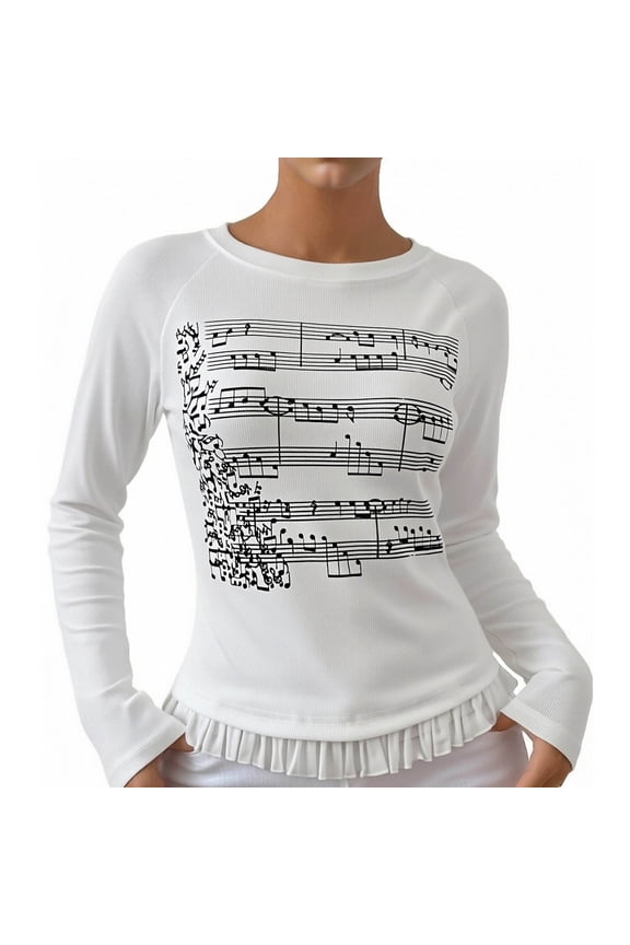 Raglan Long Sleeve Shirts For Women Graphic Tee Slim Fit Musical Note Print Ruffle Hem Spring Summer Going Out Clothes Soft Tops