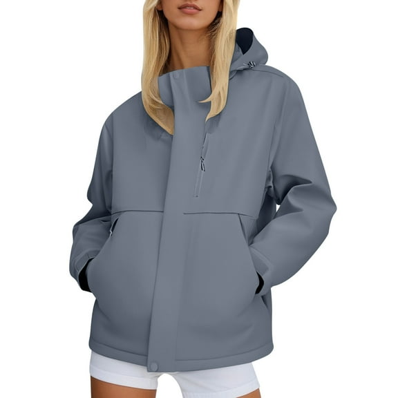 DHFJKG Rain Jacket For Women Solid Color Lightweight Windbreaker Loose Fit Zipper Raincoat Hiking Outfits With Hood Plus Size Classic Jackets