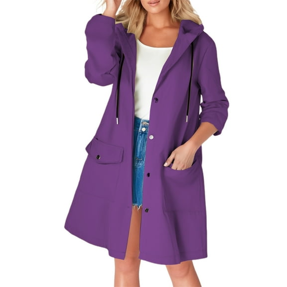 DHFJKG Rain Jacket Women Hooded Long Raincoat Button Down Trench Coat With Pockets Windbreaker Outdoor Casual Stylish Outerwear