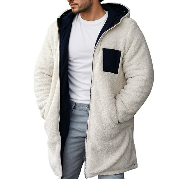 DHFJKG Reversible Wear Zip Up Hoodies For Men Fuzzy Lining Jacket Windproof Thermal Mediun Length Coat Winter Soft Outerwear