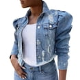 thumbnail image 1 of DHFJKG Ripped Jean Jackets For Women Cropped Puff Sleeve Collared Denim Jacket Streetwear Casual Daily Wear Versatile Outerwear, 1 of 2