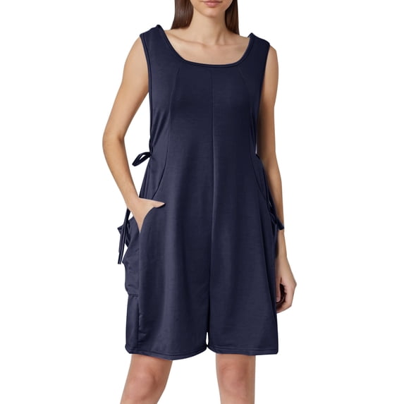 DHFJKG Rompers For Women Summer Casual Sleeveless Loose Fit Playsuit Scoop Neck Elastic Waist Solid Color Romper With Pockets Versatile Onesie