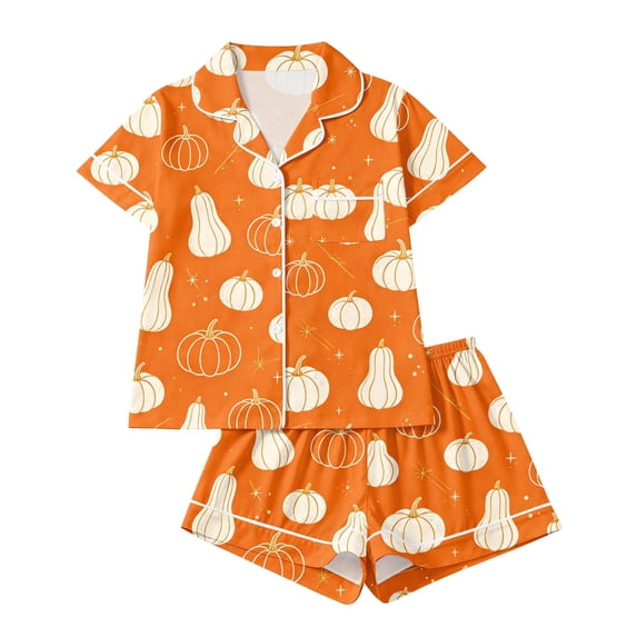 DHFJKG Satin Pajamas For Women Set Halloween Sleepwear Short Sleeve Button Down 2 Piece Loungewear Set