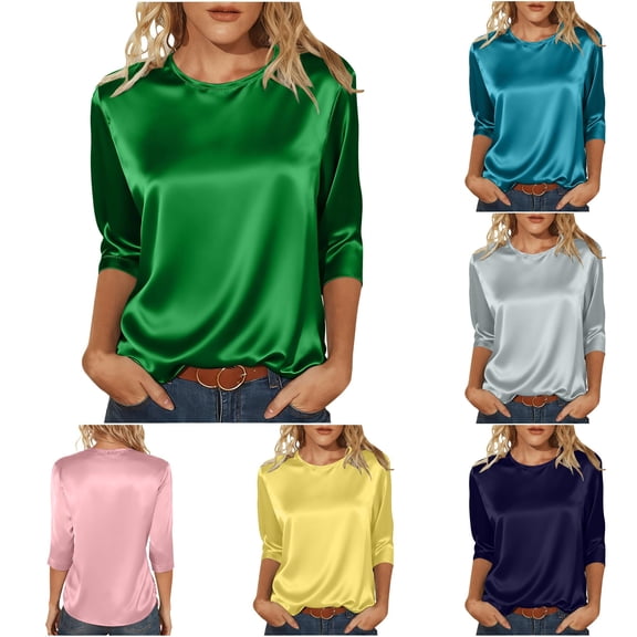 DHFJKG Satin Tops For Women Solid Color Basic Tee 3/4 Sleeve Crew Neck Loose Fit Dressy Shirt Spring Summer Trendy Top