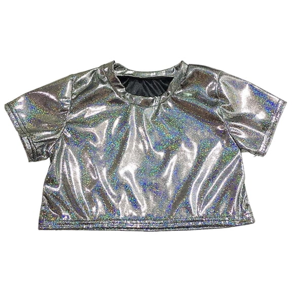 DHFJKG Shiny Crop Top For Girls Carnival Performance Glitter Stretch Slim Fit Short Sleeve Tee Dance Party Cozy Tops