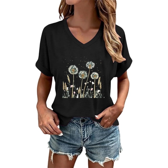 DHFJKG Short Sleeve Graphic Tee Women Dandelion Flower Print Crew Neck Loose Fit T Shirt Casual Daily Wear Soft Tops