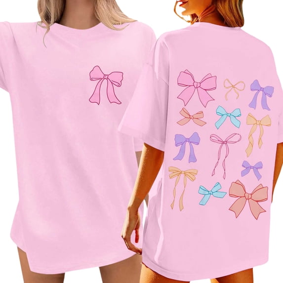DHFJKG Short Sleeve Shirts For Women Oversized Bow Print Graphic Tee Crewneck Vintage Tshirts Casual Baggy Streetwear Stylish Tops