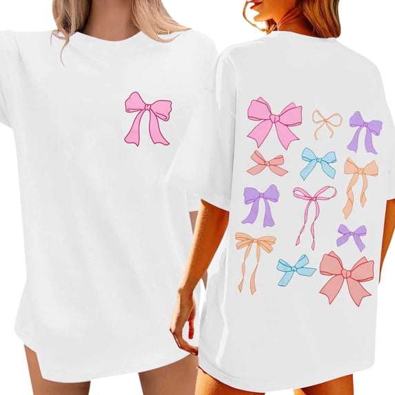 DHFJKG Short Sleeve Shirts For Women Oversized Bow Print Graphic Tee Crewneck Vintage Tshirts Casual Baggy Streetwear Trendy Tops