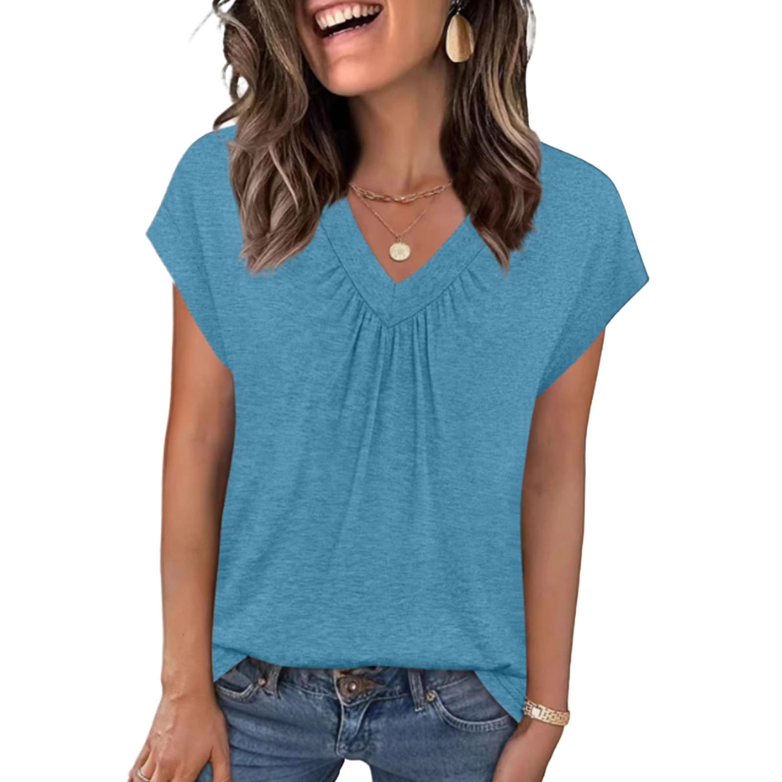 DHFJKG Short Sleeve T Shirt Women Solid Color V Neck Loose Fit Casual ...