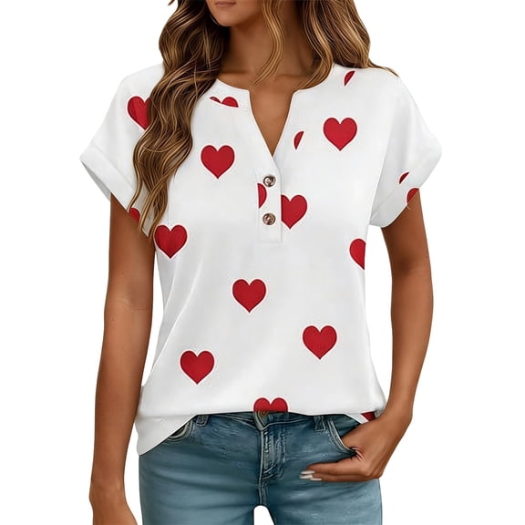 DHFJKG Short Sleeve T Shirt Women V Neck Heart Print Graphic Tee Loose Fit Button Front Tshirts Casual Trendy Tops