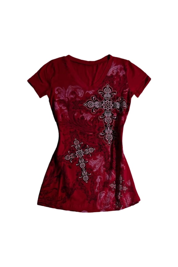 Short Sleeve T Shirts Women Summer Vintage V Neck Slim Fit Stretchy Graphic Tee Gothic Punk Clothes Stylish Tops