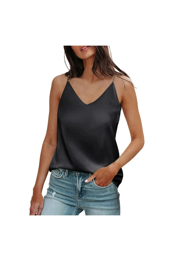 Silk Satin Camisole For Women V Neck Tank Top Summer Cute Going Out Spaghetti Strap Shirts Solid Color Base Layer Casual Tops