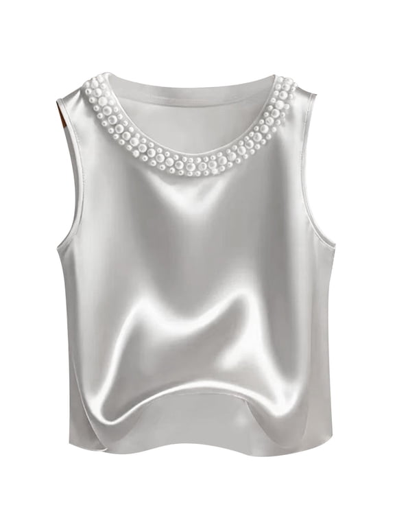 Silk Satin Tank Tops For Women Pearl Scoop Neck Summer Sleeveless Camisole Basic Blouses Work Dressy Clothes Stylish Top